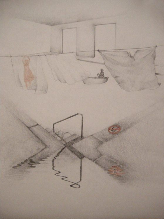 George Karampelas - The Pool, pencil & sanguine on paper 52Χ72 cm