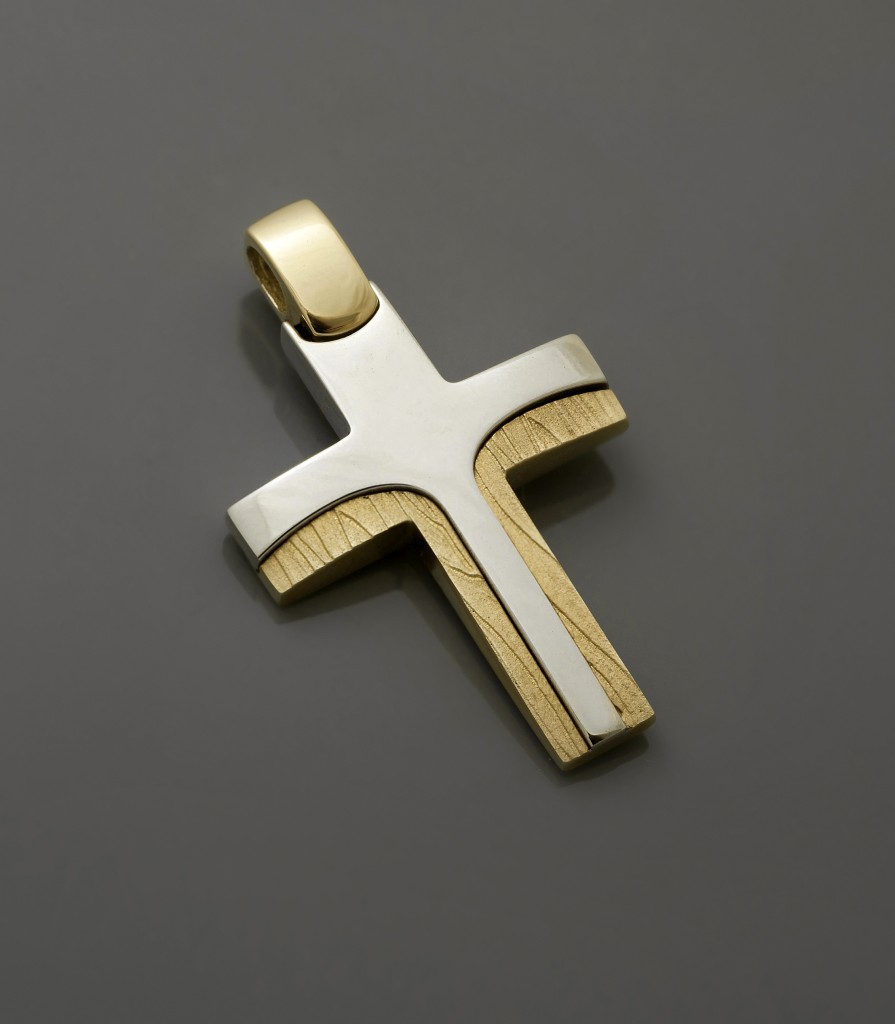 Σταυρός με κορυφή από λευκό χρυσό και χρυσή βάση σε όψη ξύλου